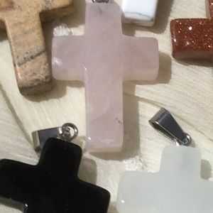 Semi-Precious Genuine Gemstone Rose Quartz Cross Pendant